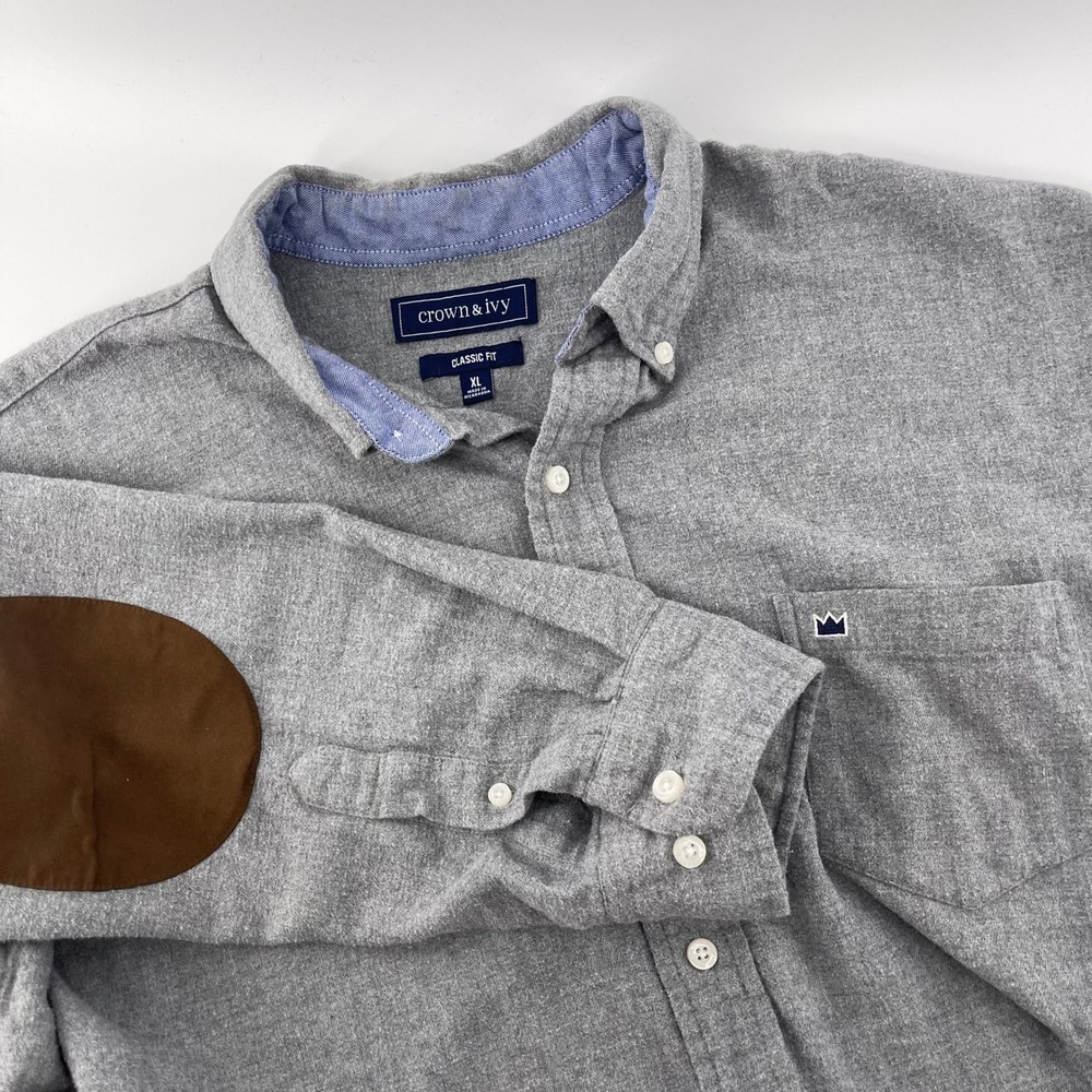 Crown & Ivy Mens XL Gray Classic Fit Button Down Shirt Elbow Patch Soft